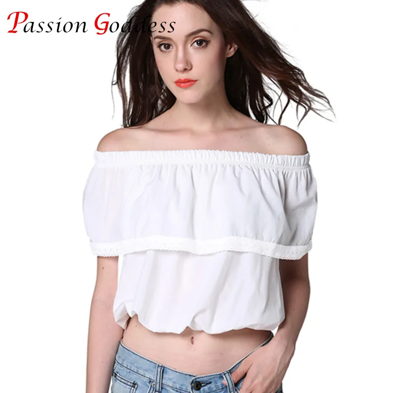 Женская шифоновая блузка с открытыми плечами короткая белая кружевная и