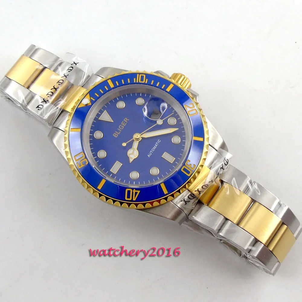 Мужские часы с синим циферблатом Bliger 40 мм светящиеся отметки из сапфирового