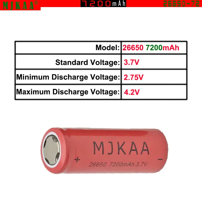 MJKAA Высокая емкость 7200mAh 3,7 V 26650 литий-ионная аккумуляторная батарея Baterias Bateria для фонарика фонарь