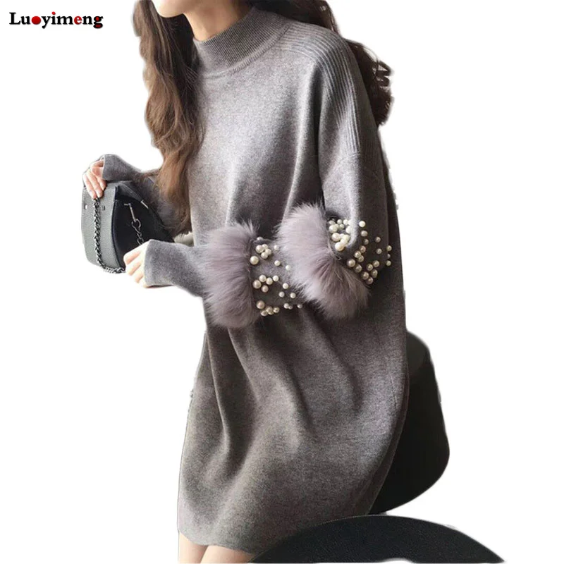 Luoyimeng Faux Fur Sweater For Women Top Pullovers Long-sleeve Jumpers Pearl Beads Turtleneck Pull Casual Robe | Женская одежда