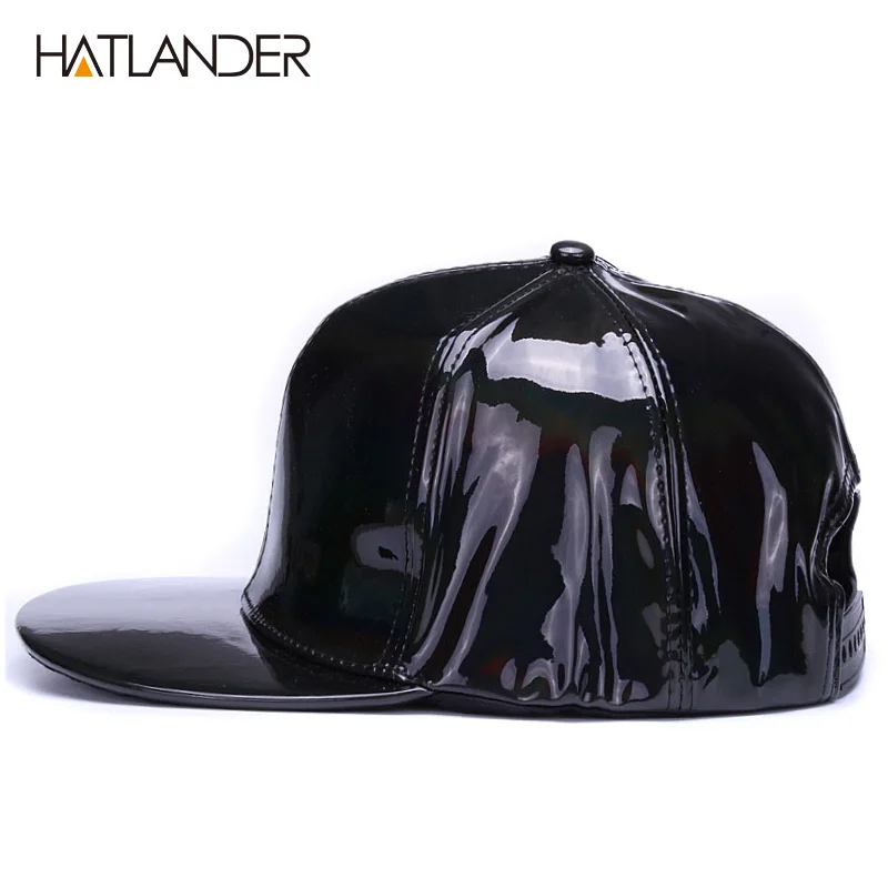 [HATLANDER] блестящие Бейсбольные Кепки из искусственной кожи с плоским козырьком для мальчиков и девочек, однотонные бейсболки, Кепка в стиле панк, уличная танцевальная кожаная крутая Кепка в стиле хип-хоп
