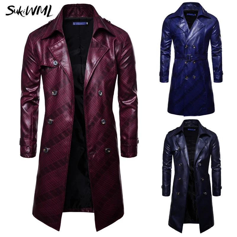 SUKIMWL Тренч Homme 2018 новый модный мужской длинный плащ из искусственной кожи Осенняя