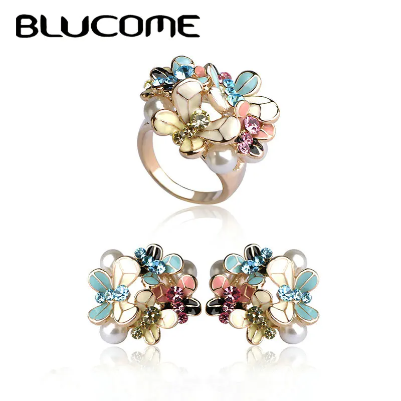 Женский комплект из серег и кольца Blucome сережек с искусственным жемчугом эмалью
