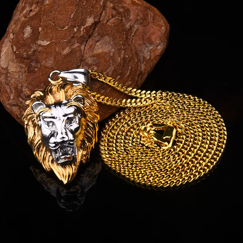 Мужские ожерелья с подвеской в виде головы льва из нержавеющей стали золотого и