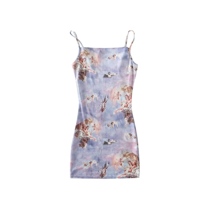 Женское бархатное мини-платье на бретелях с квадратным вырезом и принтом ангела |