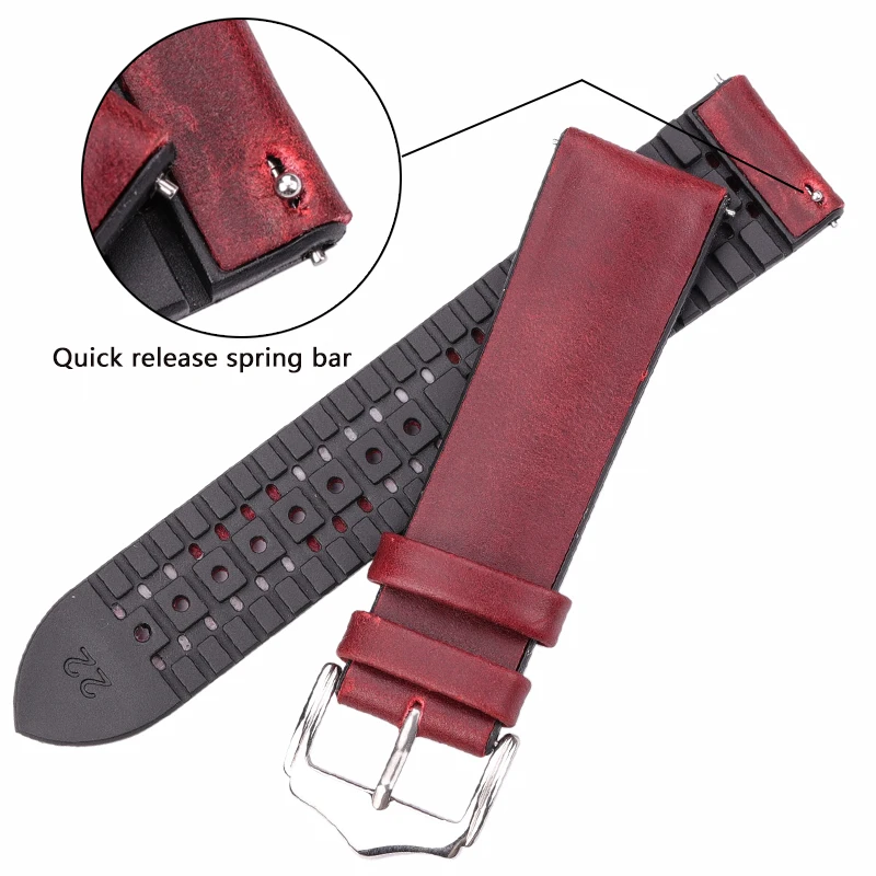 Genuine Leather Watchband Men Women Rubber Silicone Waterproof Breathable Watch Band Strap Buckle Clock Accessories 18 20 22mm