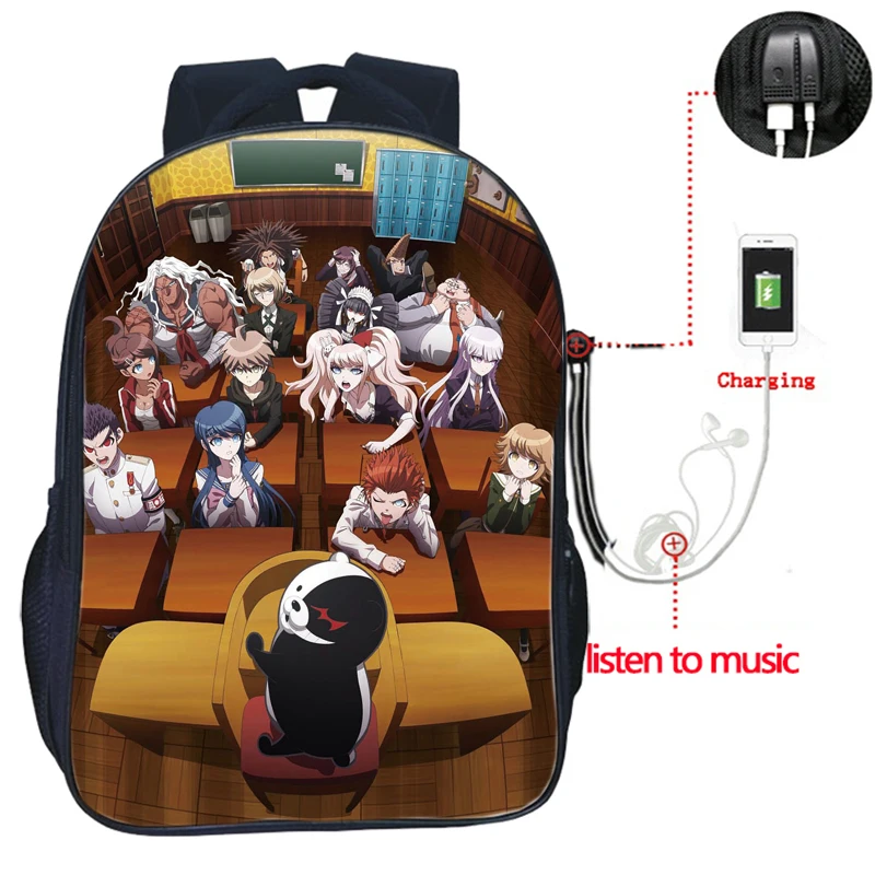 Danganronpa USB зарядка рюкзак высокого качества школьные сумки для мужчин и женщин модная дорожная сумка красивый школьный рюкзак для студентов