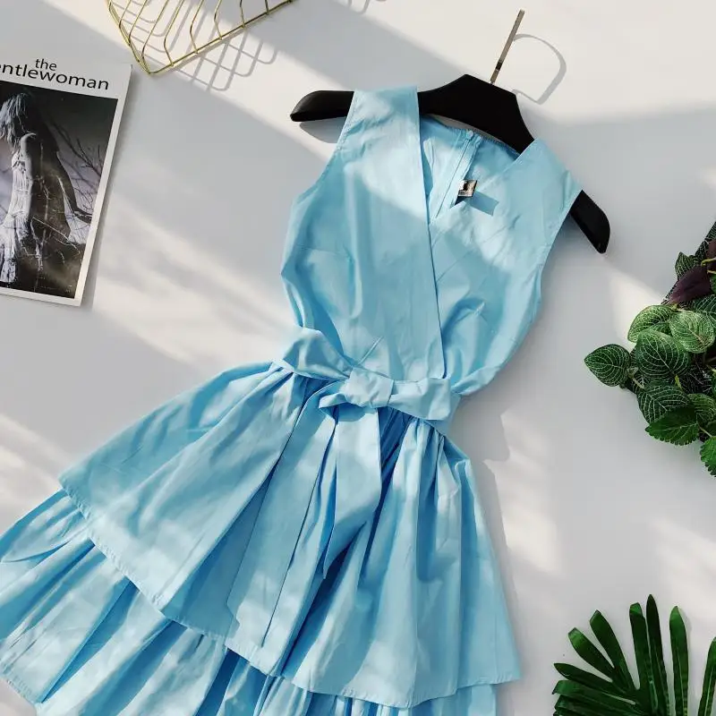 ALPHALMODA, летнее женское платье принцессы без рукавов с двойным слоем, с высокой талией, с поясом, для девушек, бальное платье, милое, с оборками, Vestidos