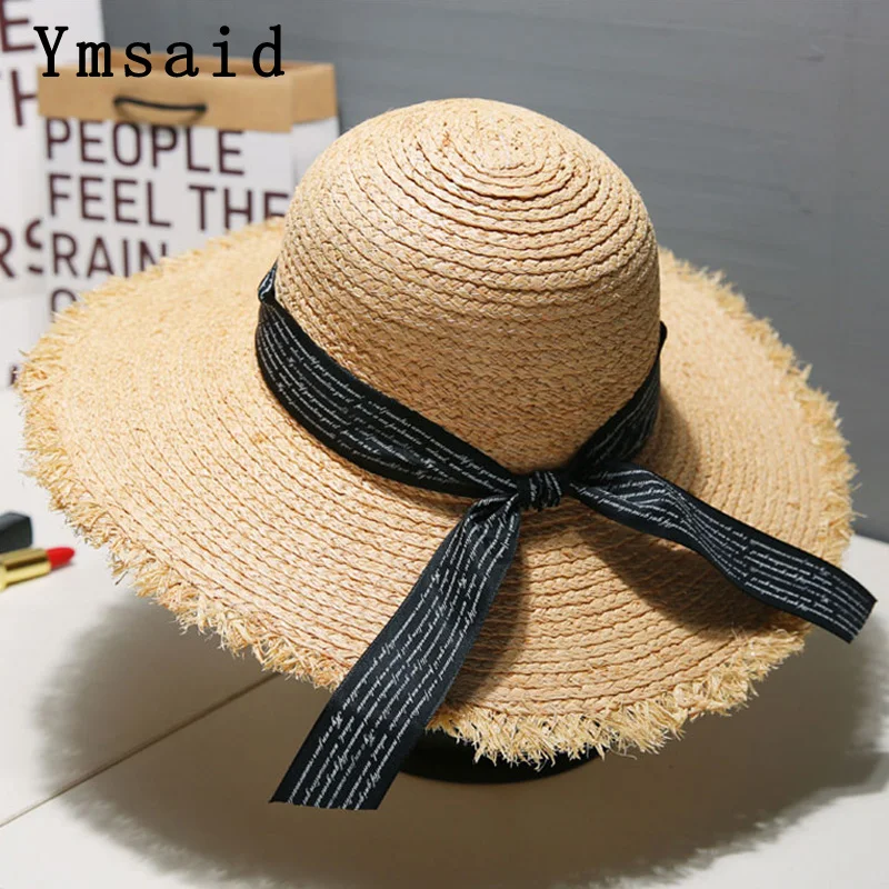 

Fashion Wide Brim Ribbons Ladies Straw Hat Beach Sun Hat for Women Visor Black Nature Raffia Hat Round Top Panama Summer Hats