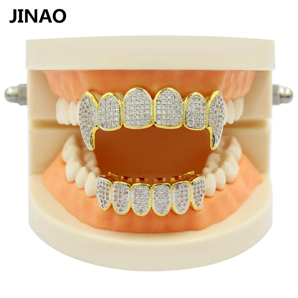 JINAO цвет чистого золота покрытые зубы Grillz все Iced Out эксклюзивный микро Pave CZ камень сверху и снизу для мужчин и женщин рот золотые гриллзы набор