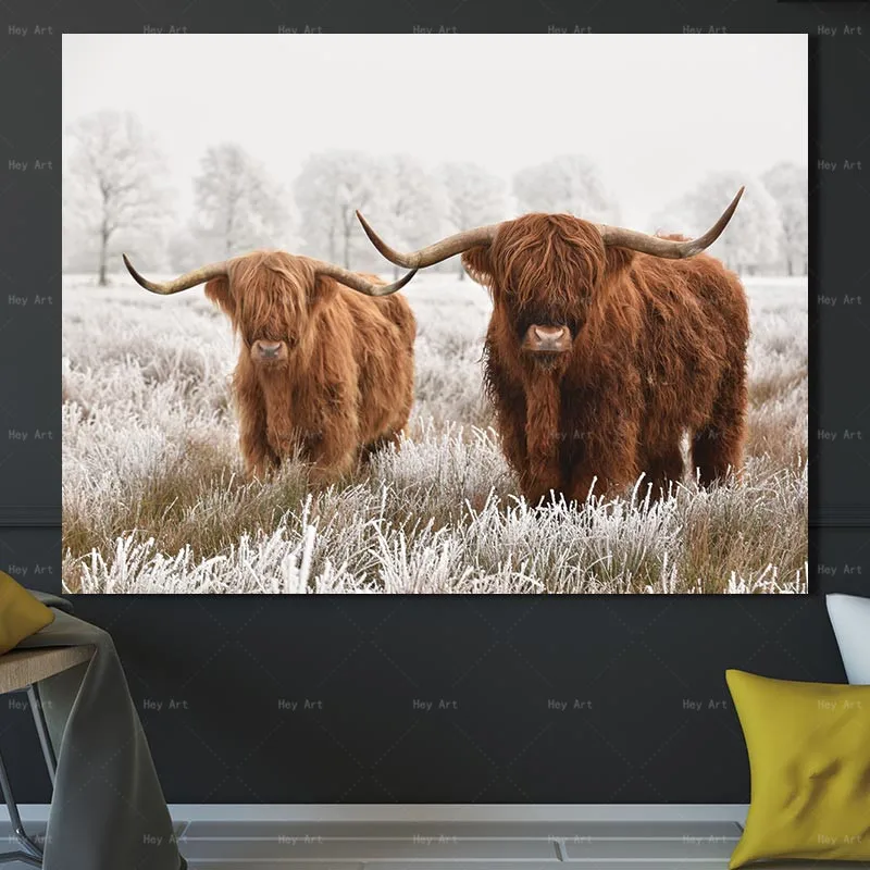 Современный домашний декор картина с принтом Highland Cow Картина на холсте для стен