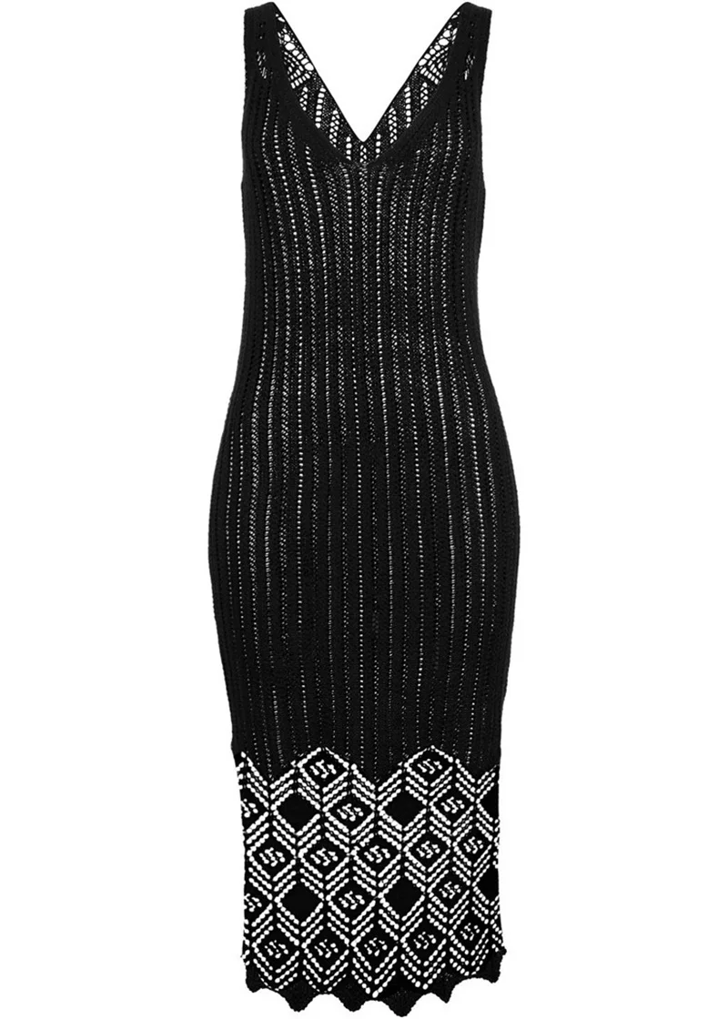 Fitshinling Hollow out knitted beach dress swimwear summer sundress v neck sexy hot slim black pareos side slit lace dresses new | Женская