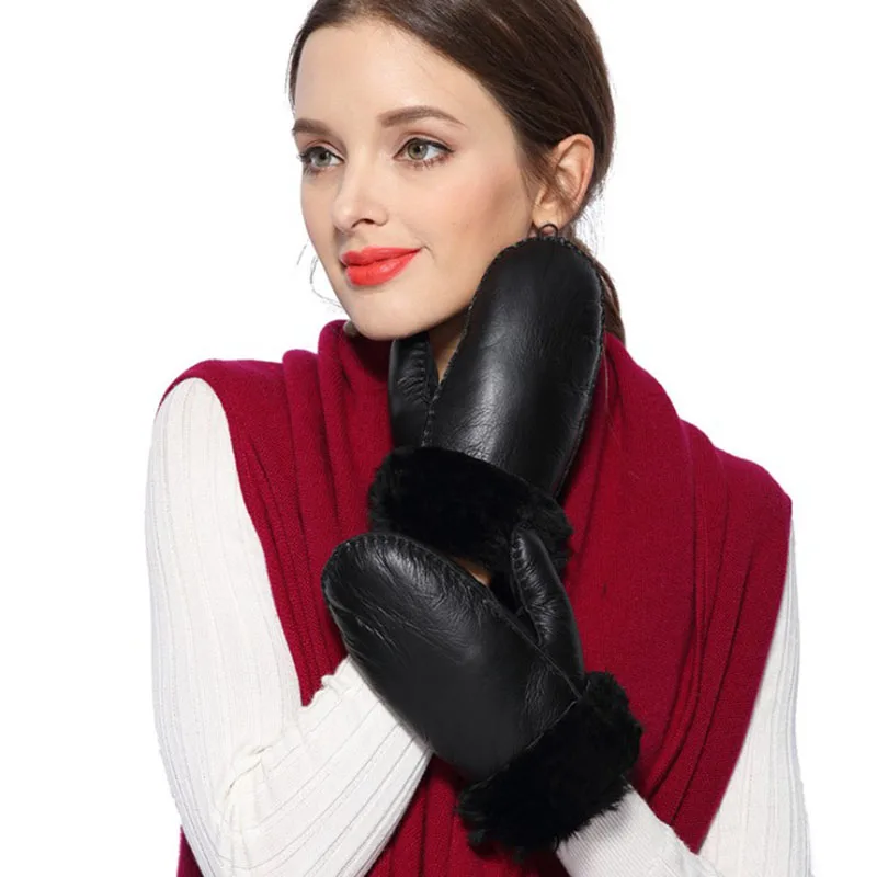 Winter Warm Gloves for Women Outdoor Woolen Fur Mittens Female Genuine Leather Gloves Real Sheepskin Fur Riding Gloves