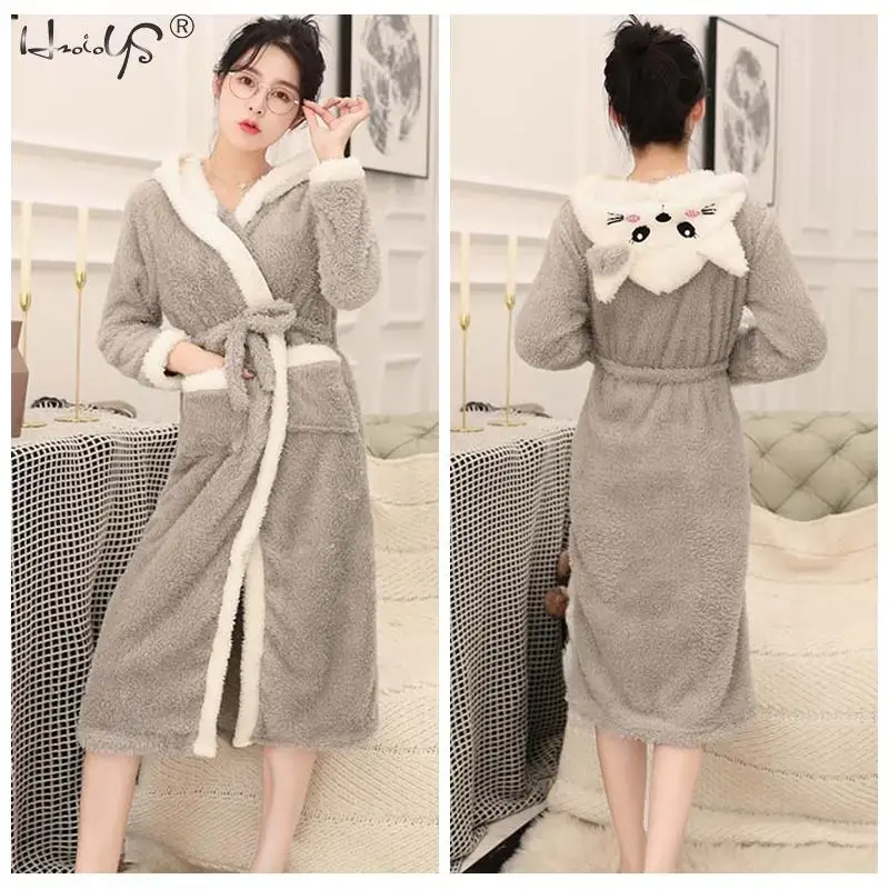 Женские флисовые халаты с капюшоном мягкие и теплые плюшевые милым котом банный