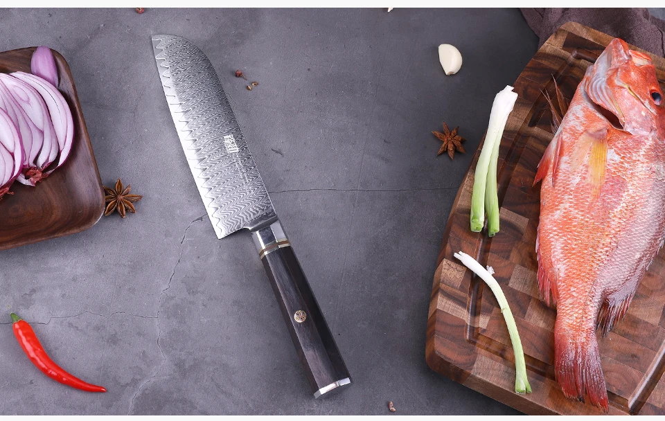 FINDKING Профессиональный 7 дюймов Santoku Ножи эбенового дерева восьмиугольная ручка лестница Pattern 67 слоев из дамасской стали Сталь японский Ножи