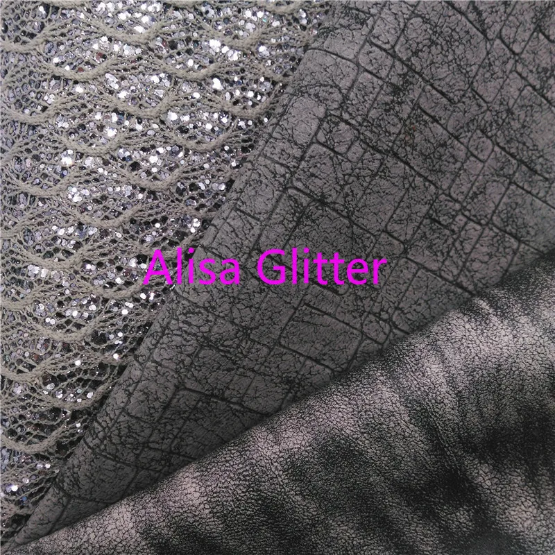 Блестящая серая кружевная блестящая кожаная ткань Alisa размера A4 21 х29 см из