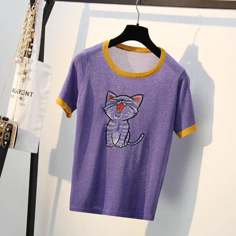 Супер милый кот Для женщин трикотажные майки розовый белый фиолетовый пуловеры