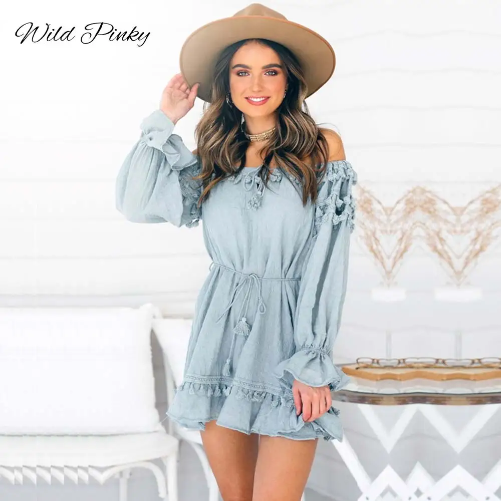 Платье WildPinky Boho с оборками хлопок кружева плеча для женщин лето длинным