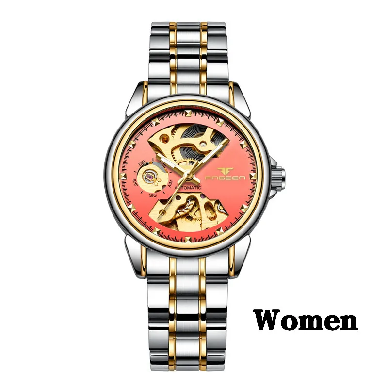 steel tone pink Новые модные женские механические часы, дизайн скелета, Топ бренд, роскошные полностью стальные водонепроницаемые женские автоматические часы, Montre Femme - Цвет: steel tone pink