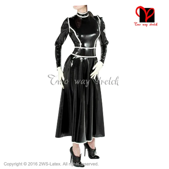 black and white Сексуальное черное и белое длинное латексное платье Frech Maid резиновое платье с длинными рукавами комбинезон бодикон размера плюс QZ-100 - Цвет: black and white
