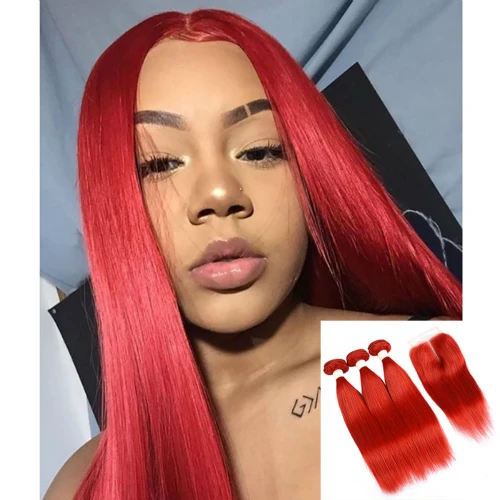 Красный Pinshair, красные прямые волосы, пряди с закрытием, 99J, бордовый цвет, бразильские человеческие волосы, 3 пряди, с закрытием, не Реми волосы, 10-26 дюймов - Цвет: Красный