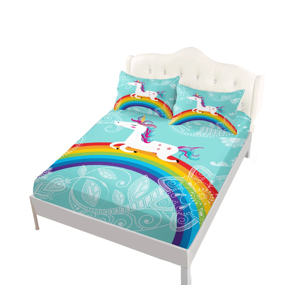 Детские простыни с рисунком единорога цветные принтом радуги цветами постельное