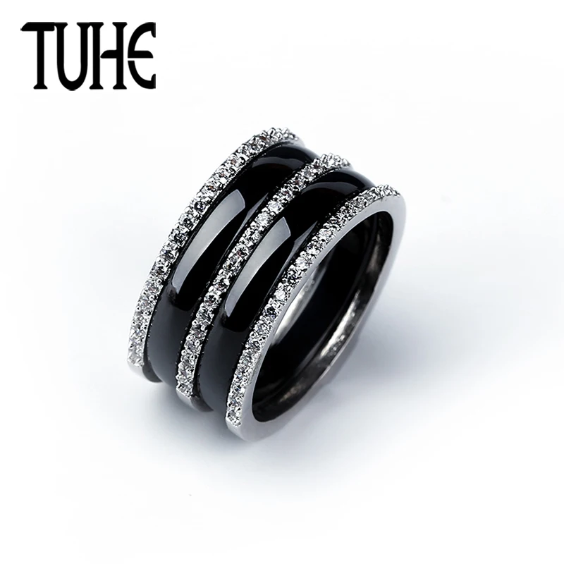 Женское кольцо с двойным слоем классическое керамическое блестящими стразами