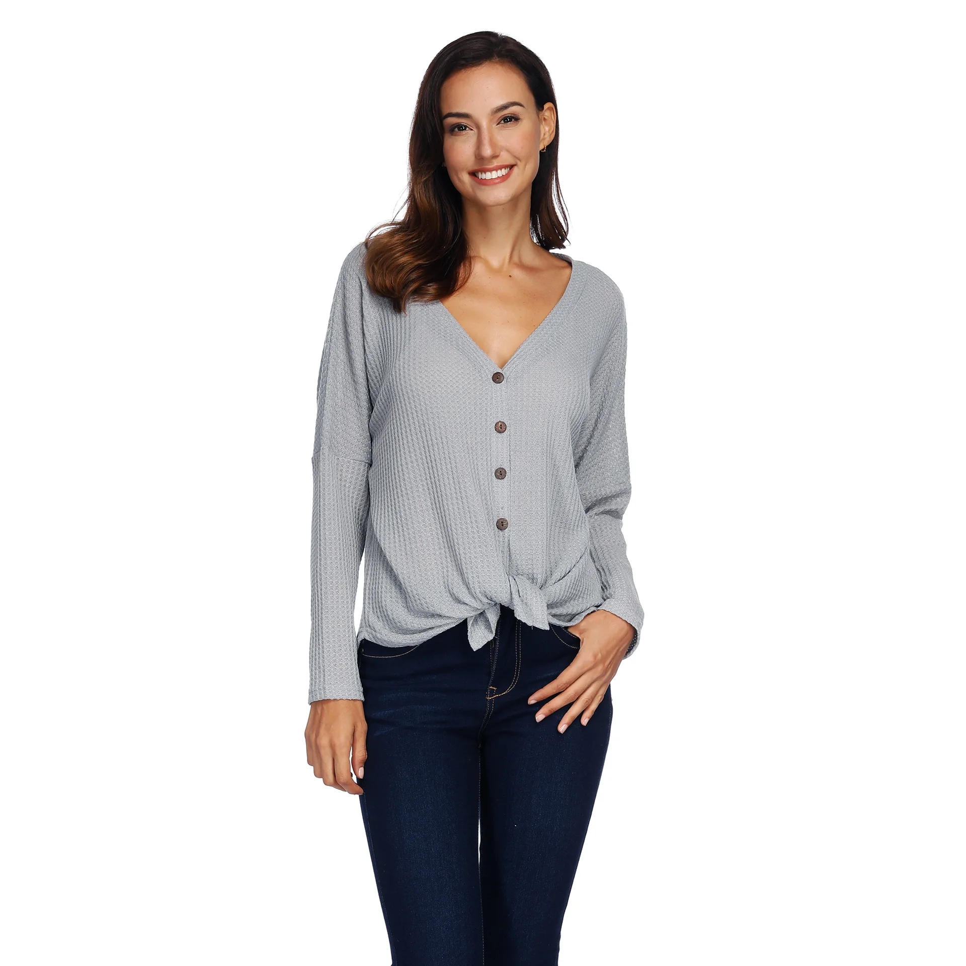 Осенний женский сексуальный вязаный свитер с v-образным вырезом 2019 рукав летучая