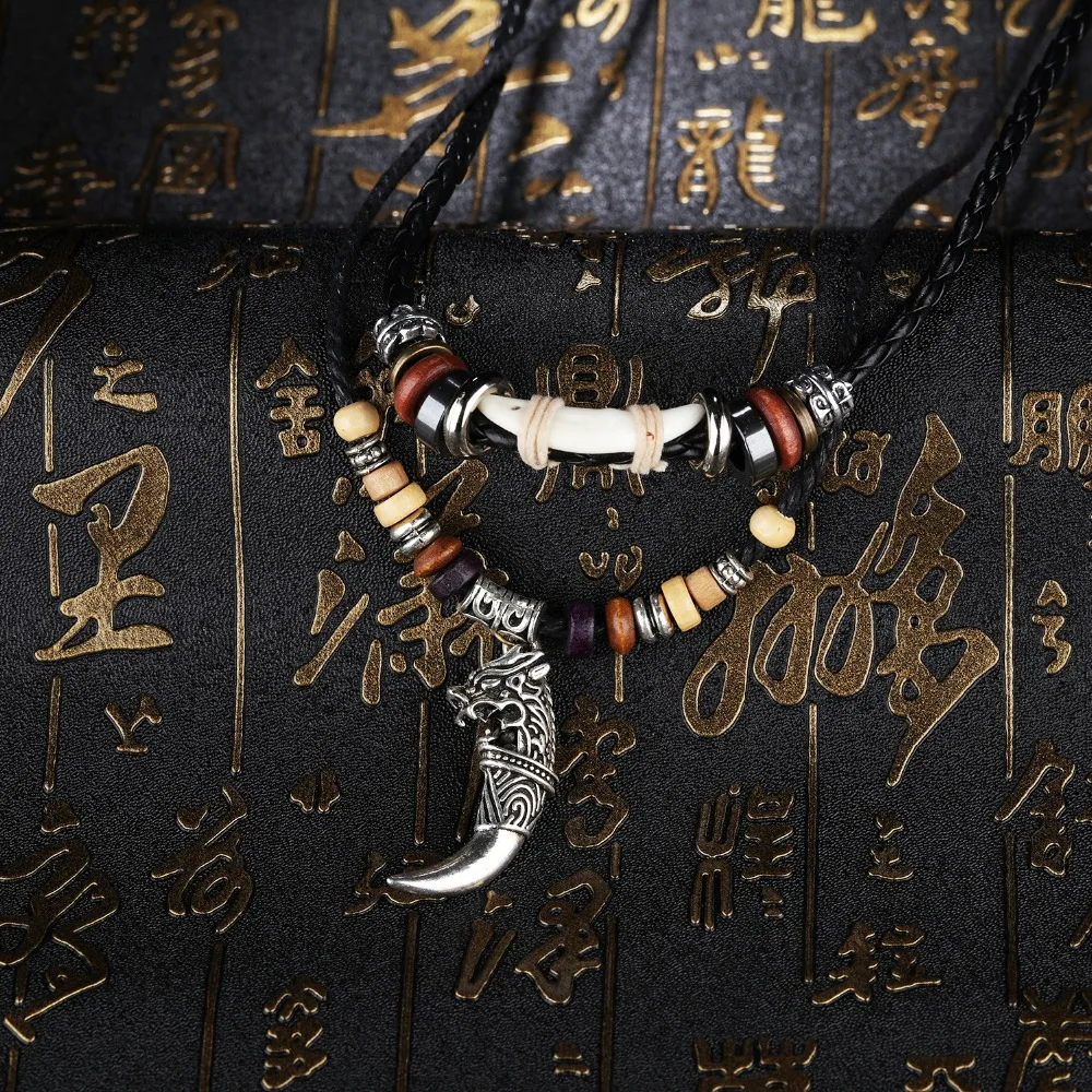 AMOURJOUX Rock Wolf Head Colored Beads Two Layers Braid Genuine Leather Chain Pendant Necklace For Women Men Long Sweater | Украшения и