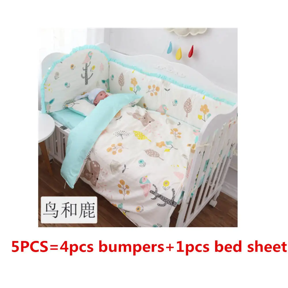 bird and deer 5 pcs Младенческой детские постельные принадлежности для кроватки комплект для девочек для маленьких мальчиков Постельное белье мягкая хлопковая для новорожденных Детская кроватка постельное белье-Бампер Лист 5 шт./компл. 120*60 - Цвет: bird and deer 5 pcs
