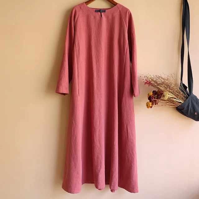 Spring Autumn New Original Design National Wind Solid Color Cotton Dress Long Section Large Size Retro Plate Button | Женская одежда