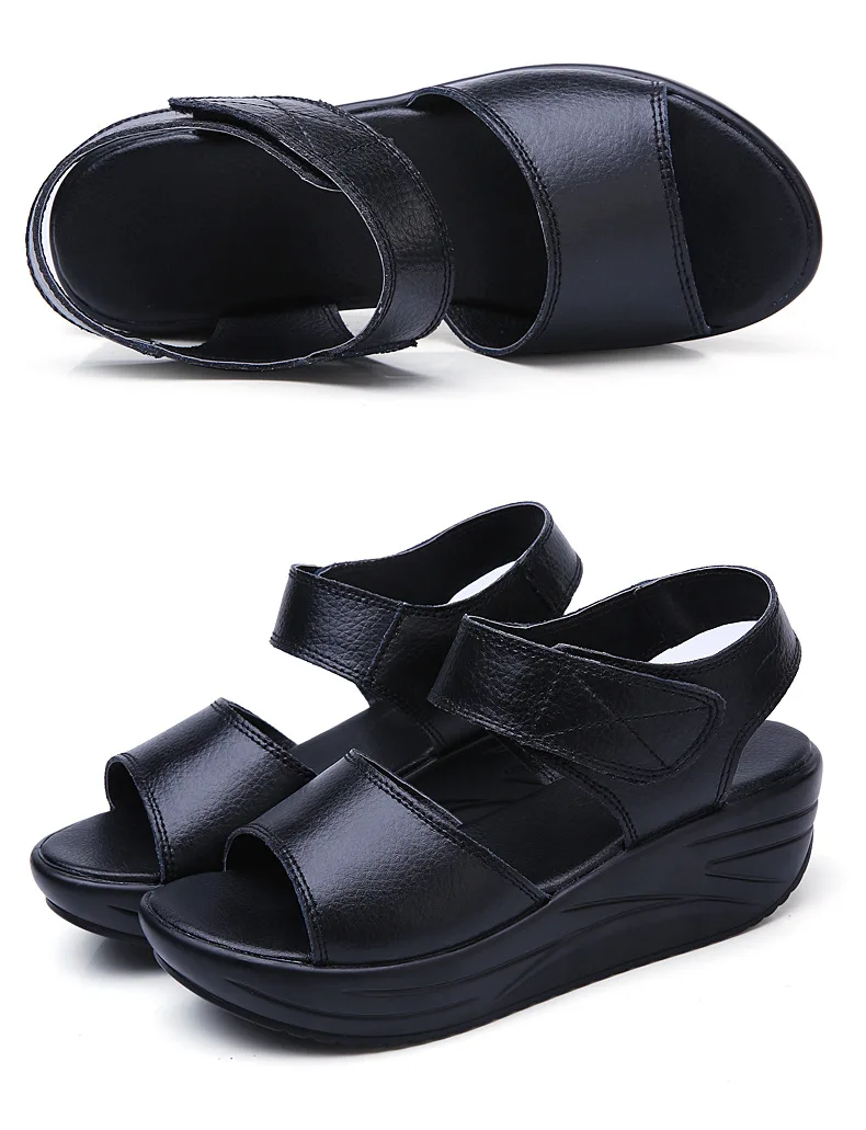 Летние женские сандалии на плоской платформе; женские кожаные сандалии на платформе; женские босоножки на танкетке; цвет белый, черный; H40