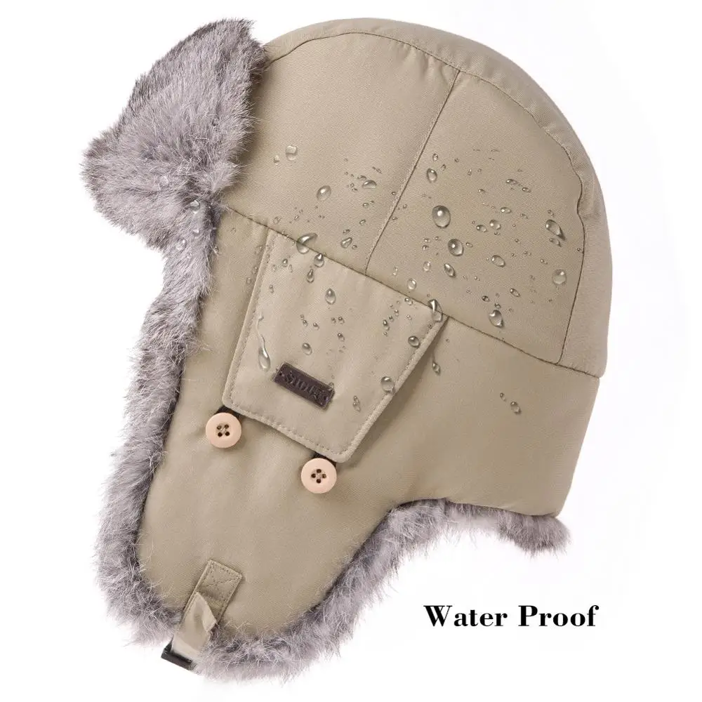 FANCET Mens Bomber Hats Trapper Ushanka Russian Ear Flaps Waterproof Windproof Cap 100% Rabbit Fur Nylon Shell Sitka 69185