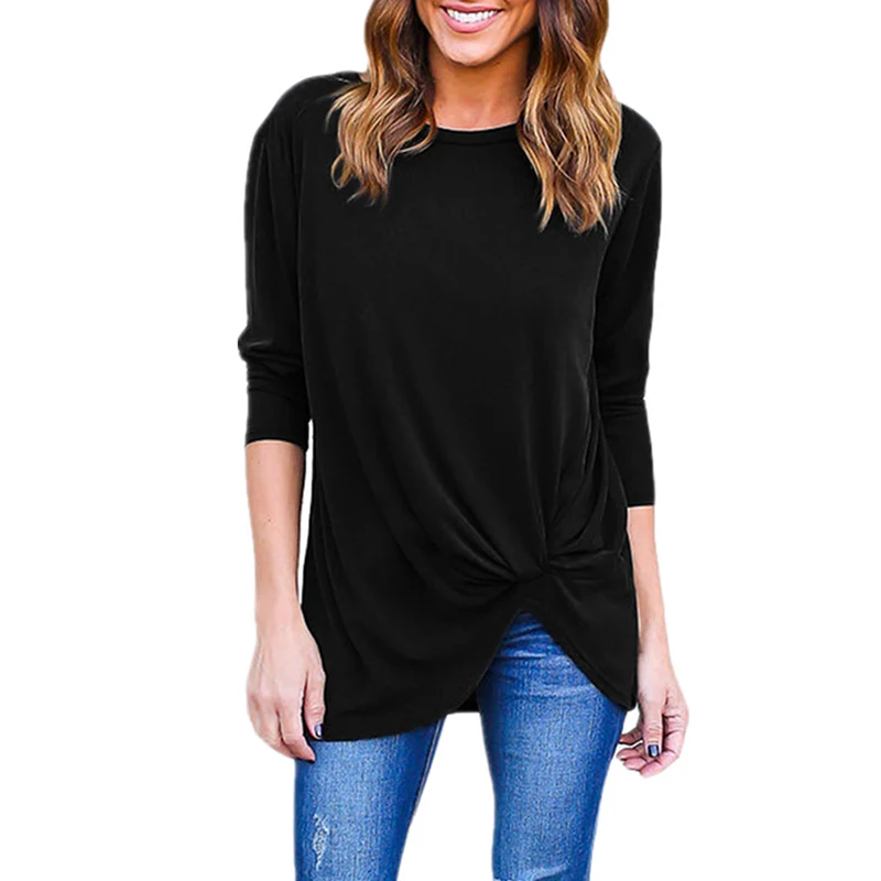 Женская модная футболка с длинным рукавом круглым вырезом однотонная