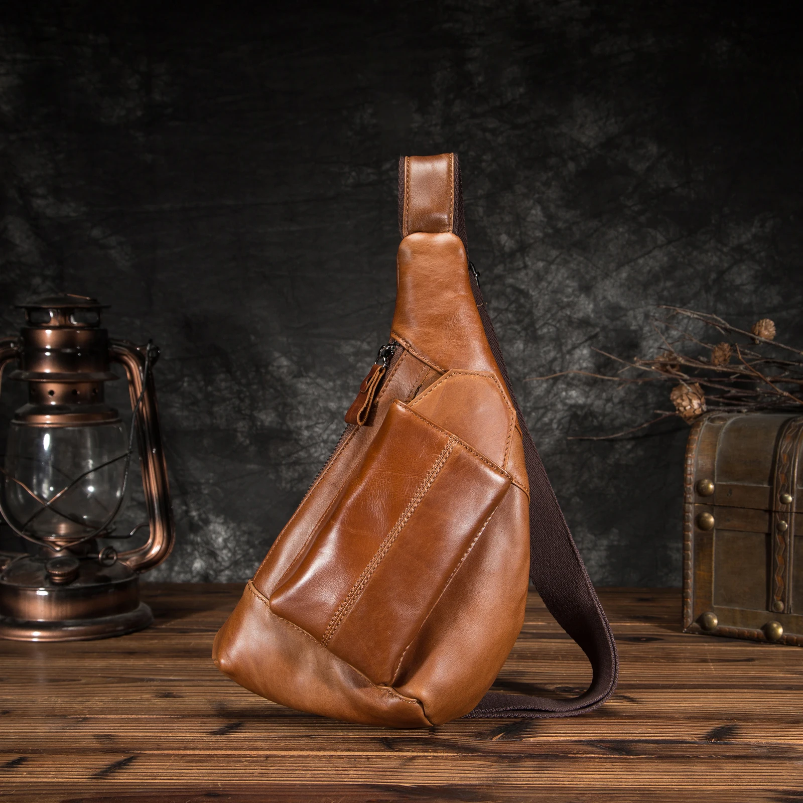 

Oil Wax Leather Men Casual Fashion Travel Triangle Chest Sling Bag Black Design 8" Tablet One Shoulder Bag Daypack Male 8809