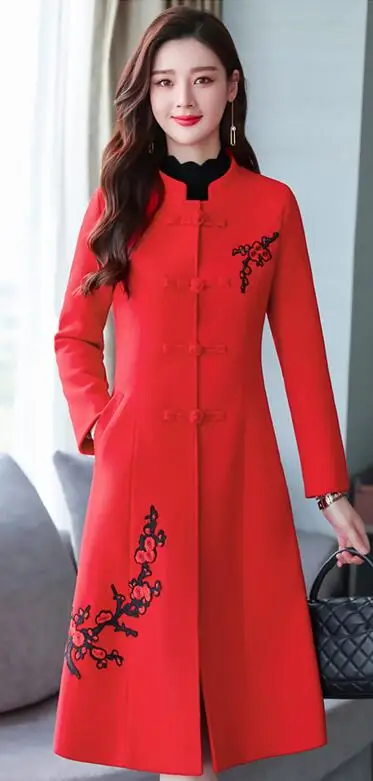 Красный Зима qipao стиль костюм в народном стиле улучшенная Cheongsam Традиционный китайский костюмы Hanfu длинные Ретро Вышивка Топы корректирующие - Цвет: Красный