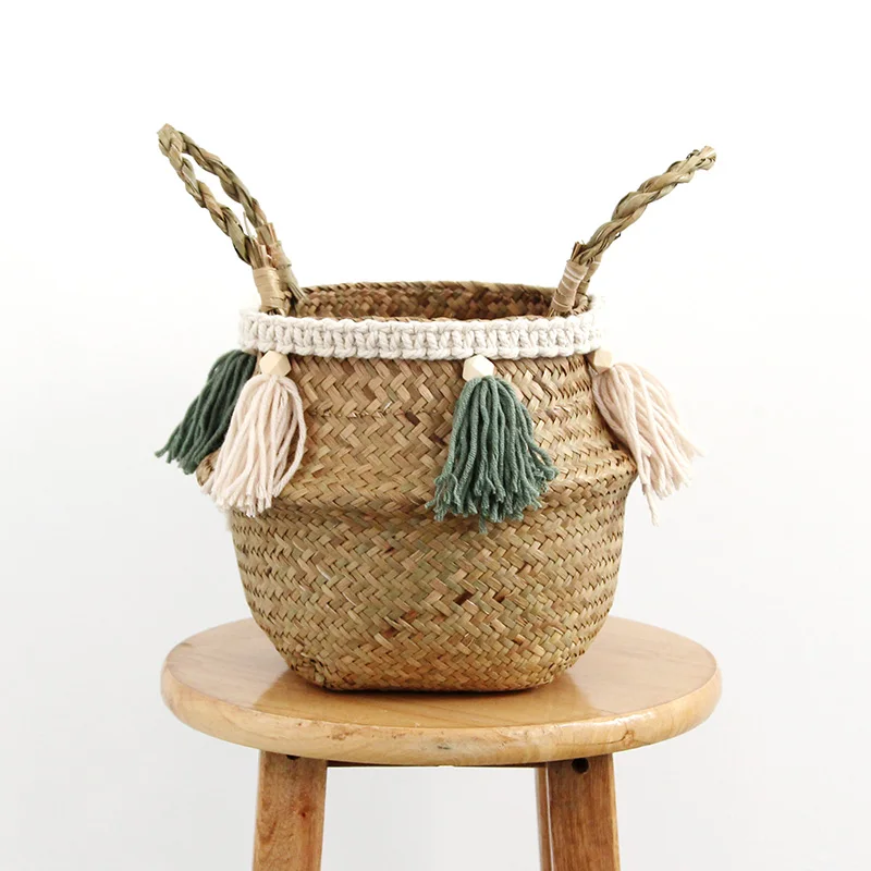 Green tassel Макраме настенное украшение плетеная корзина садовый цветочный горшок кабинет плетеная корзина для хранения домашняя корзина-Органайзер - Цвет: Green tassel