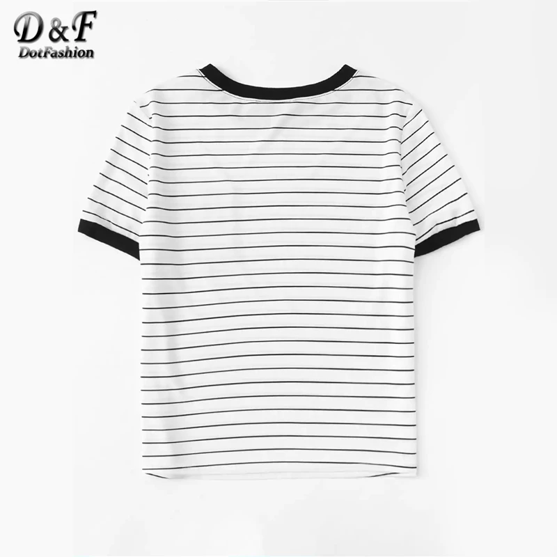 Dotfashion Black And White Patch Pocket Striped Ringer Tee Women Casual Tops Summer Short Sleeve Preppy Colorblock T-Shirt
