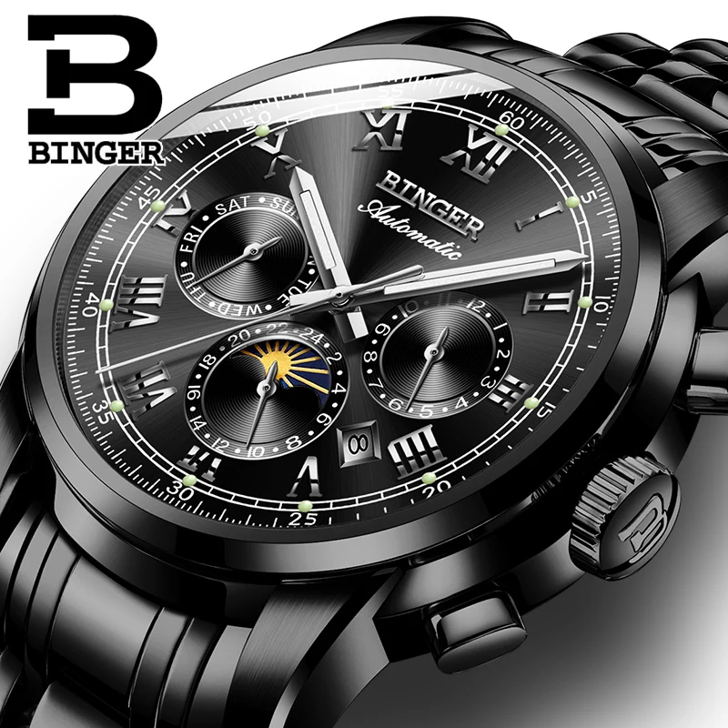 Luxury Watch Men Black Stainless Steel Automatic Mechanical Waterproof Multifunction relogio masculino Luminous Calendar|calendar|calendar