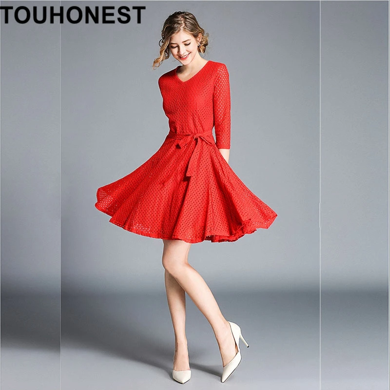 Для женщин Лето-Line вечерние платье 2018 Мода Тонкий Красный Кружева лоскутное