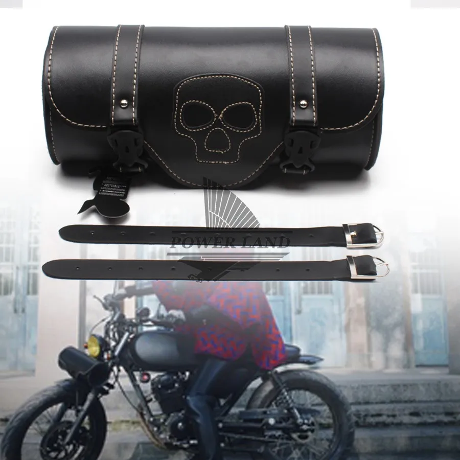 

Black PU Front Fork Round Barrel Skull Logo Tool Bag Luggage Saddle Bag Universal For Harley Chopper Bobber Cruiser Honda Suzuki