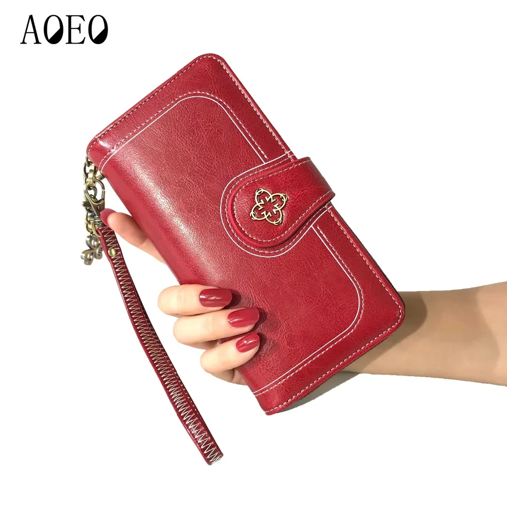 AOEO, роскошные женские кошельки, браслет, Дамский кошелек, длинный клатч для денег, сумки для девочек, 13 карт, карман, масло, воск, кожаный кошелек для телефона, женский