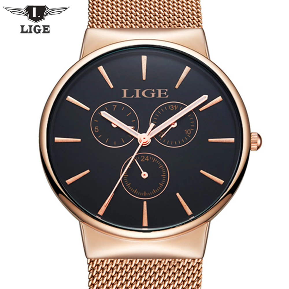Модные Простые Стильные Топ люксовый бренд lige Часы мужчин Нержавеющая сталь Mesh