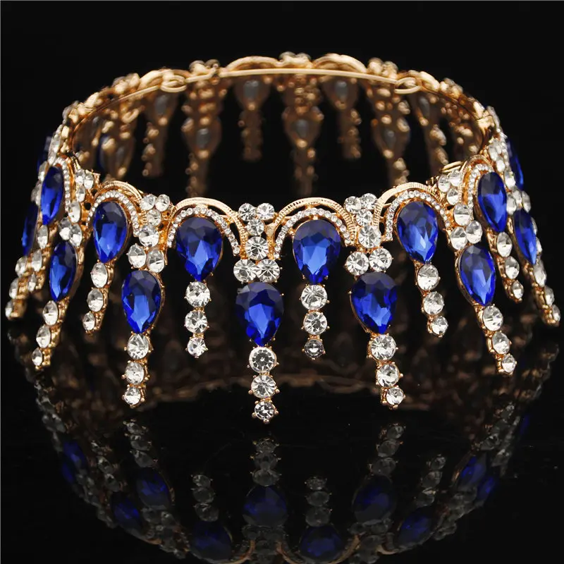 Gold Blue Разноцветные хрустальные серебряные золотые круглые диадемы свадебная корона свадебный головной убор Стразы диадема ювелирные изделия Аксессуары для волос - Окраска металла: Gold Blue
