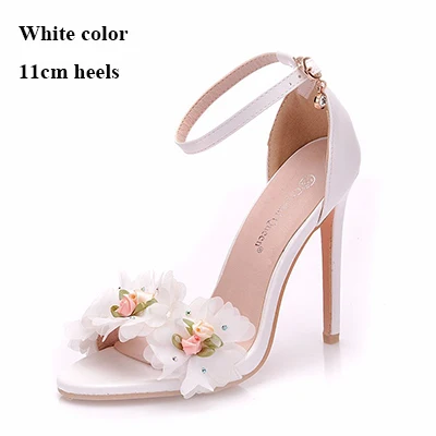 White 11cm Heels Летние босоножки ручной работы с кружевными цветами, красивые модные босоножки на высоком каблуке, Свадебные вечерние туфли, изящные свадебные туфли на каблуке 4 дюйма - Цвет: White 11cm Heels