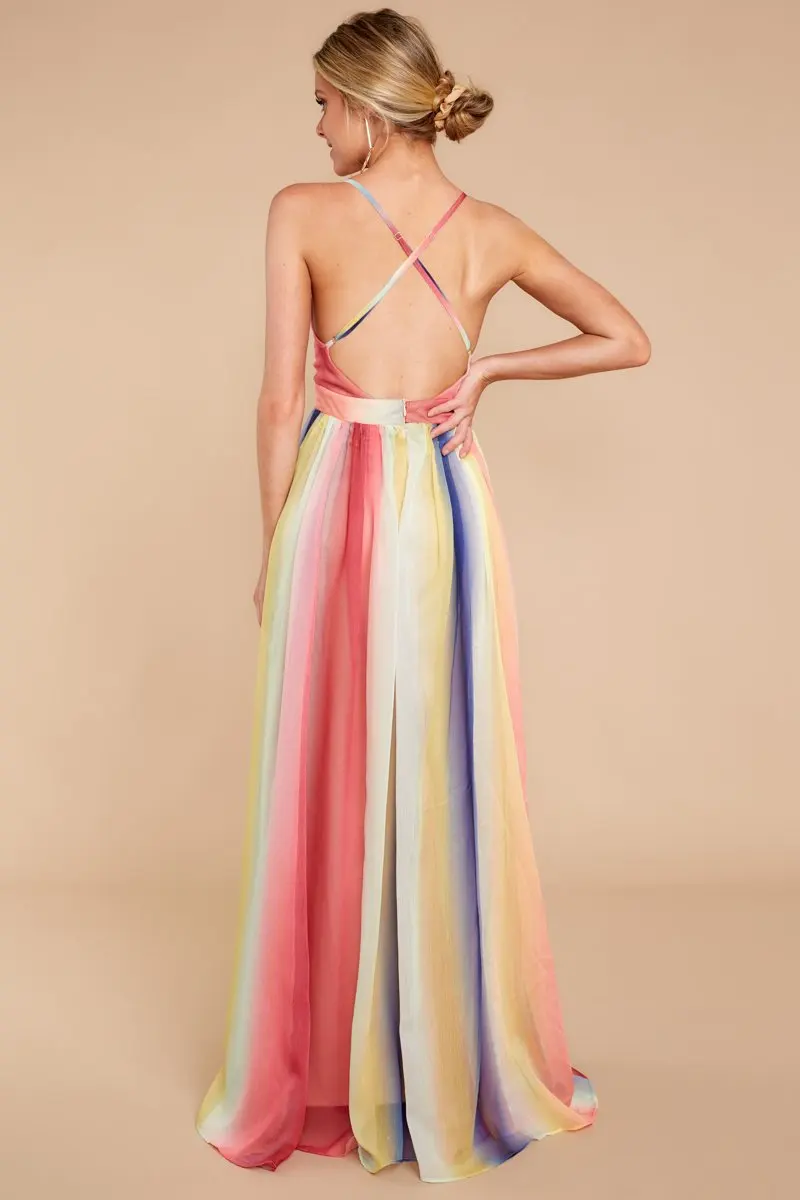 Шифоновое платье макси в полоску на тонких бретельках с открытой спиной|Женские