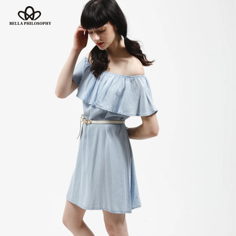 Женское джинсовое платье Bella Philosophy голубое повседневное с оборками вырезом