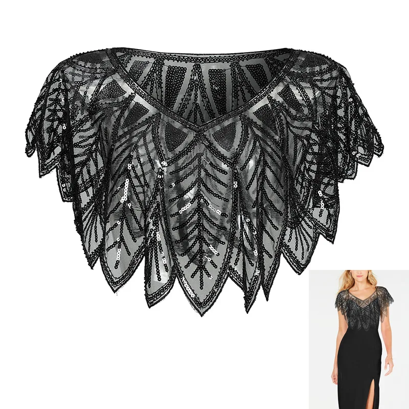 Black Shawl Черная шаль накидка болеро с бисером пройма в винтажном стиле 1920s большой Гэтсби Хлопушка арт деко ручной работы - Цвет: Black Shawl