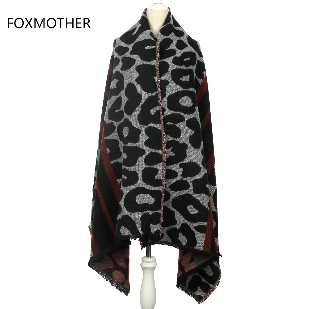 Foxmother 2017 Новая мода зимние теплые толстые черный серый оверсайз с кашемиром Leopard