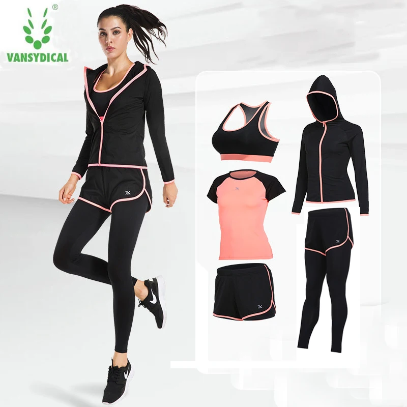 2018 Vansydical Yoga Clothing Women Professional Sportswear Suit Autumn And Winter Running  Sports Shirt Fitness Clothes 5pcs